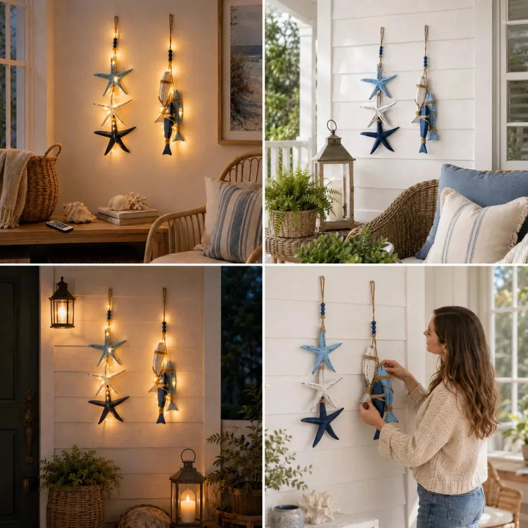 Lighted Coastal Wooden Starfish & Fish Hanging Decor