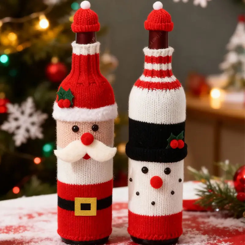 Knitted Christmas Wine Bottle Cover with Hat