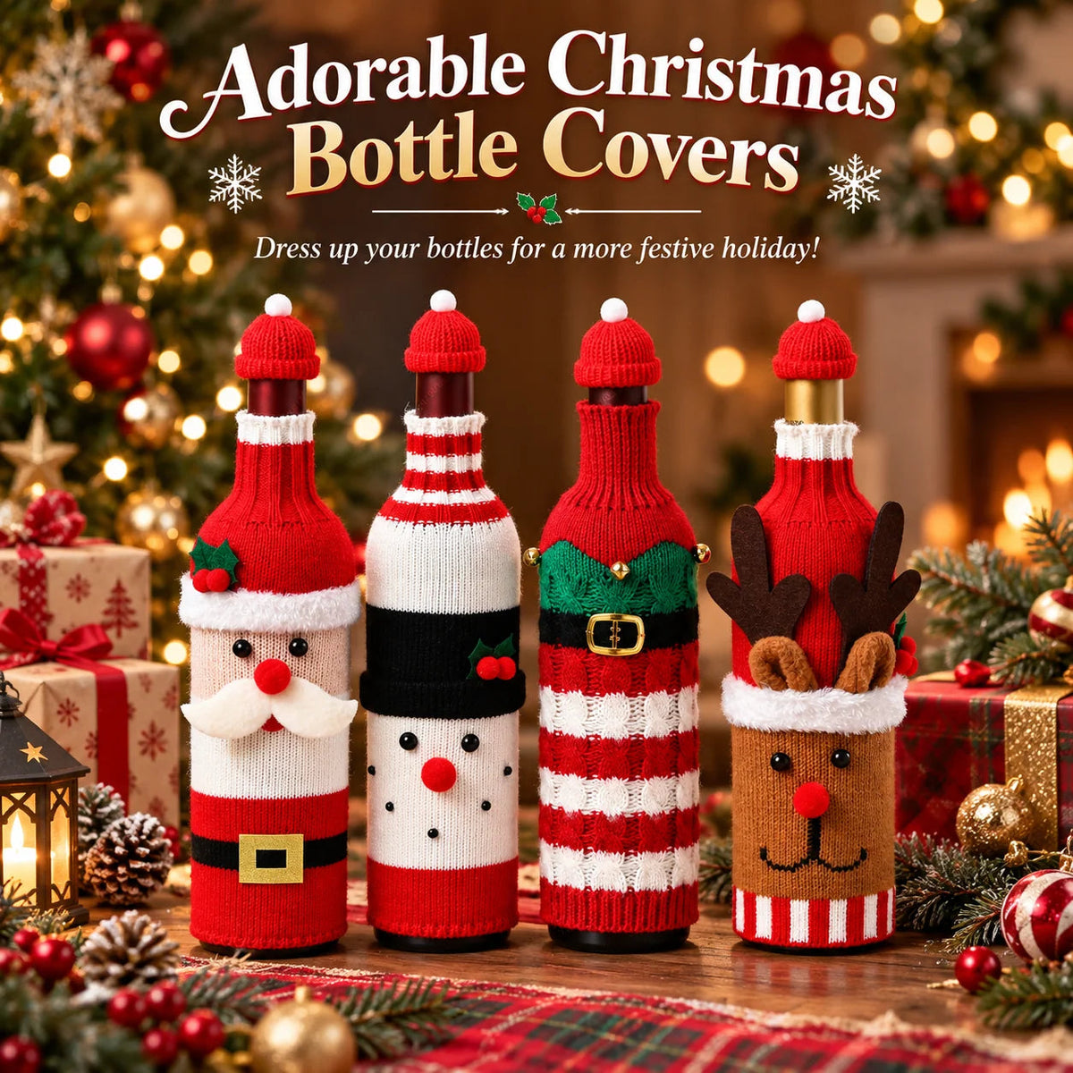 Knitted Christmas Wine Bottle Cover with Hat