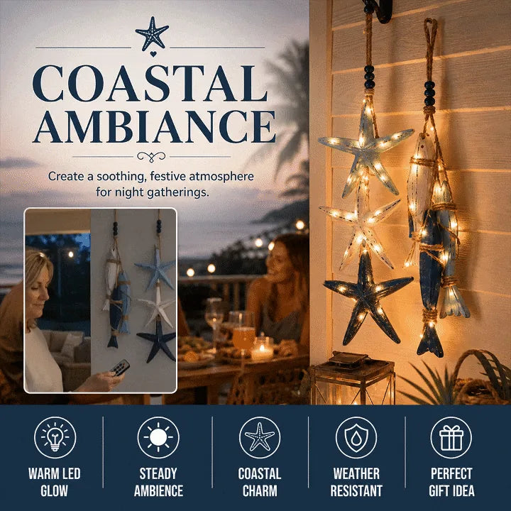 Lighted Coastal Wooden Starfish & Fish Hanging Decor