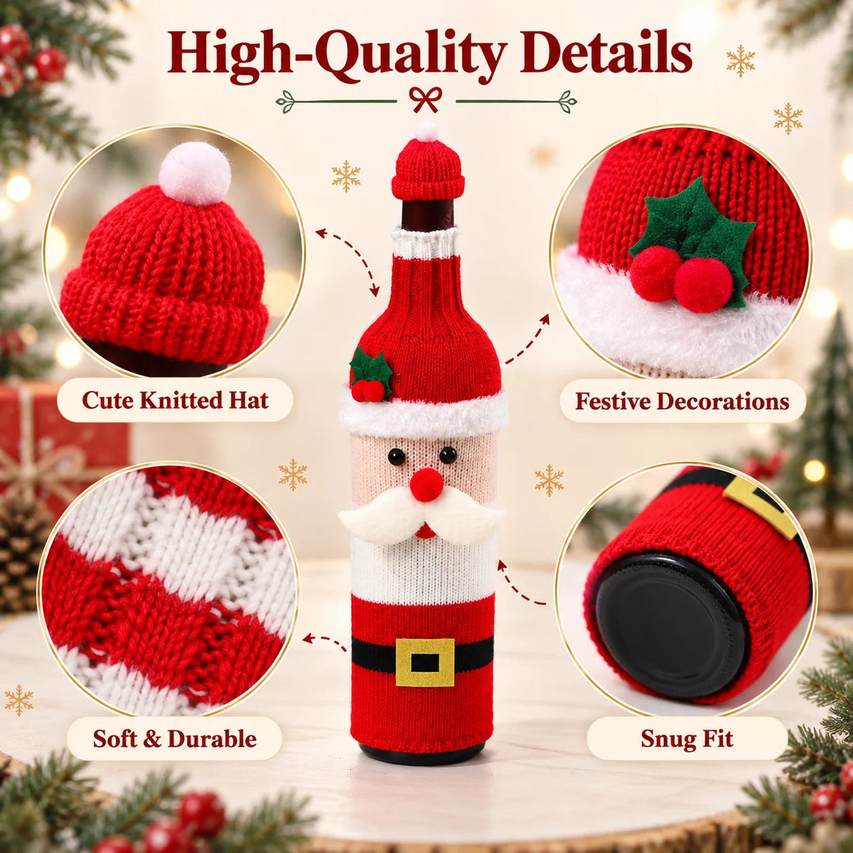 Knitted Christmas Wine Bottle Cover with Hat