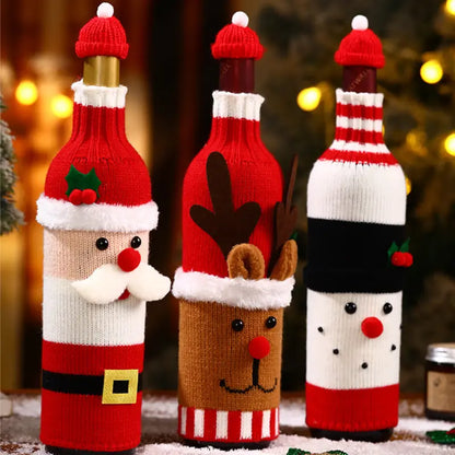 Knitted Christmas Wine Bottle Cover with Hat