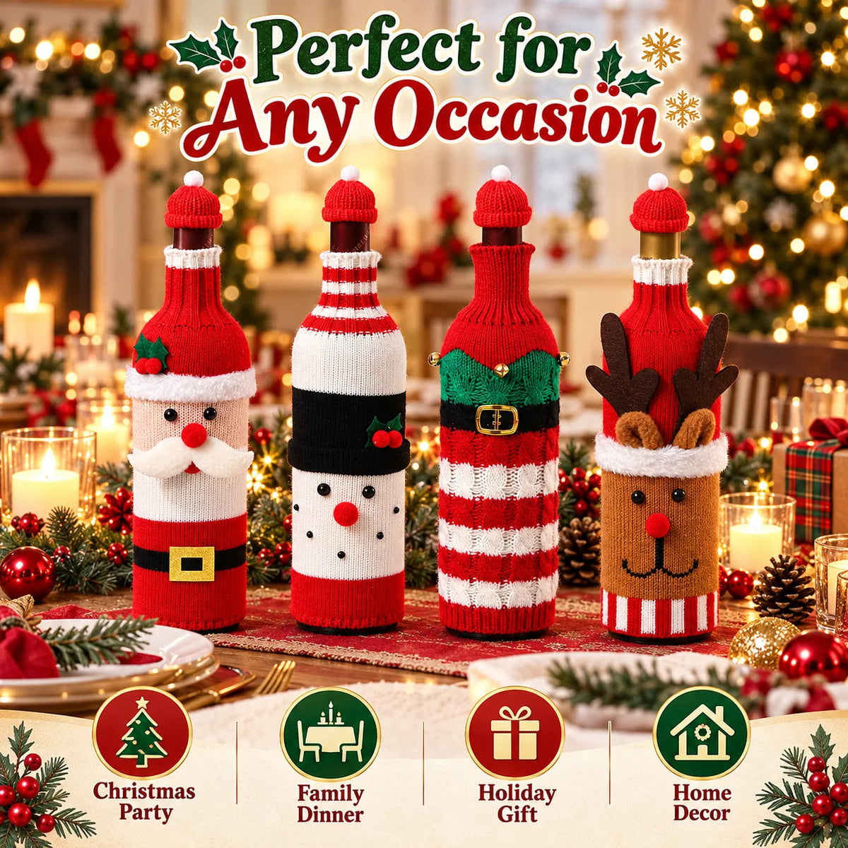 Knitted Christmas Wine Bottle Cover with Hat