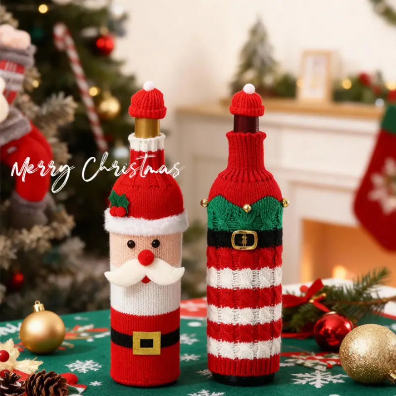Knitted Christmas Wine Bottle Cover with Hat