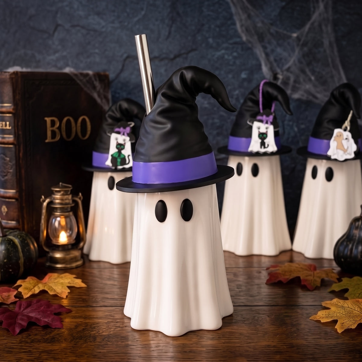 Halloween Ghost Can Holder with Witch Hat – 12 oz