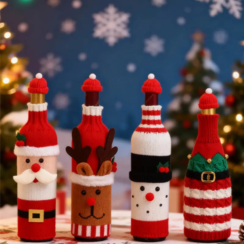 Knitted Christmas Wine Bottle Cover with Hat