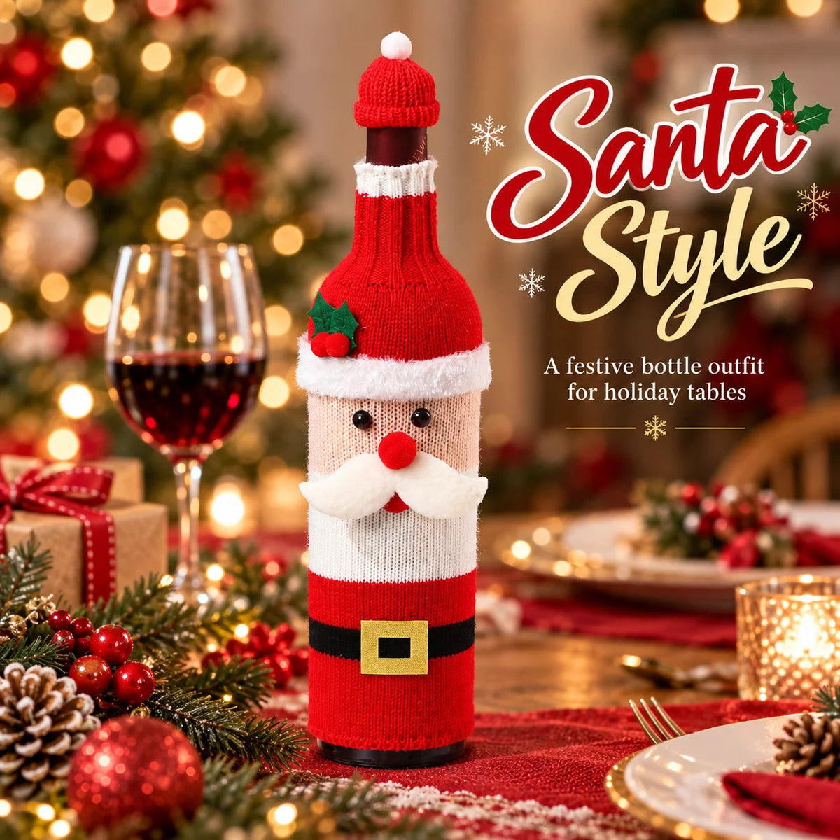 Knitted Christmas Wine Bottle Cover with Hat