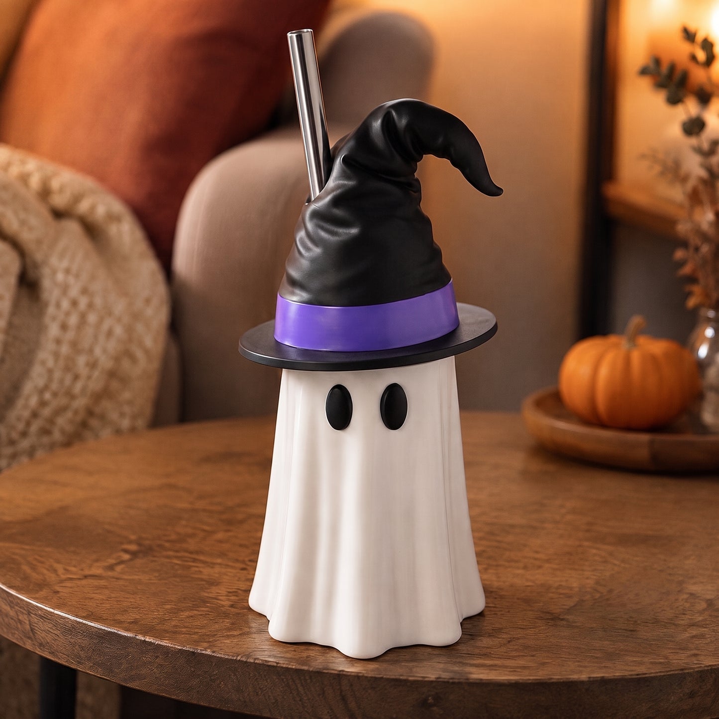 Halloween Ghost Can Holder with Witch Hat – 12 oz