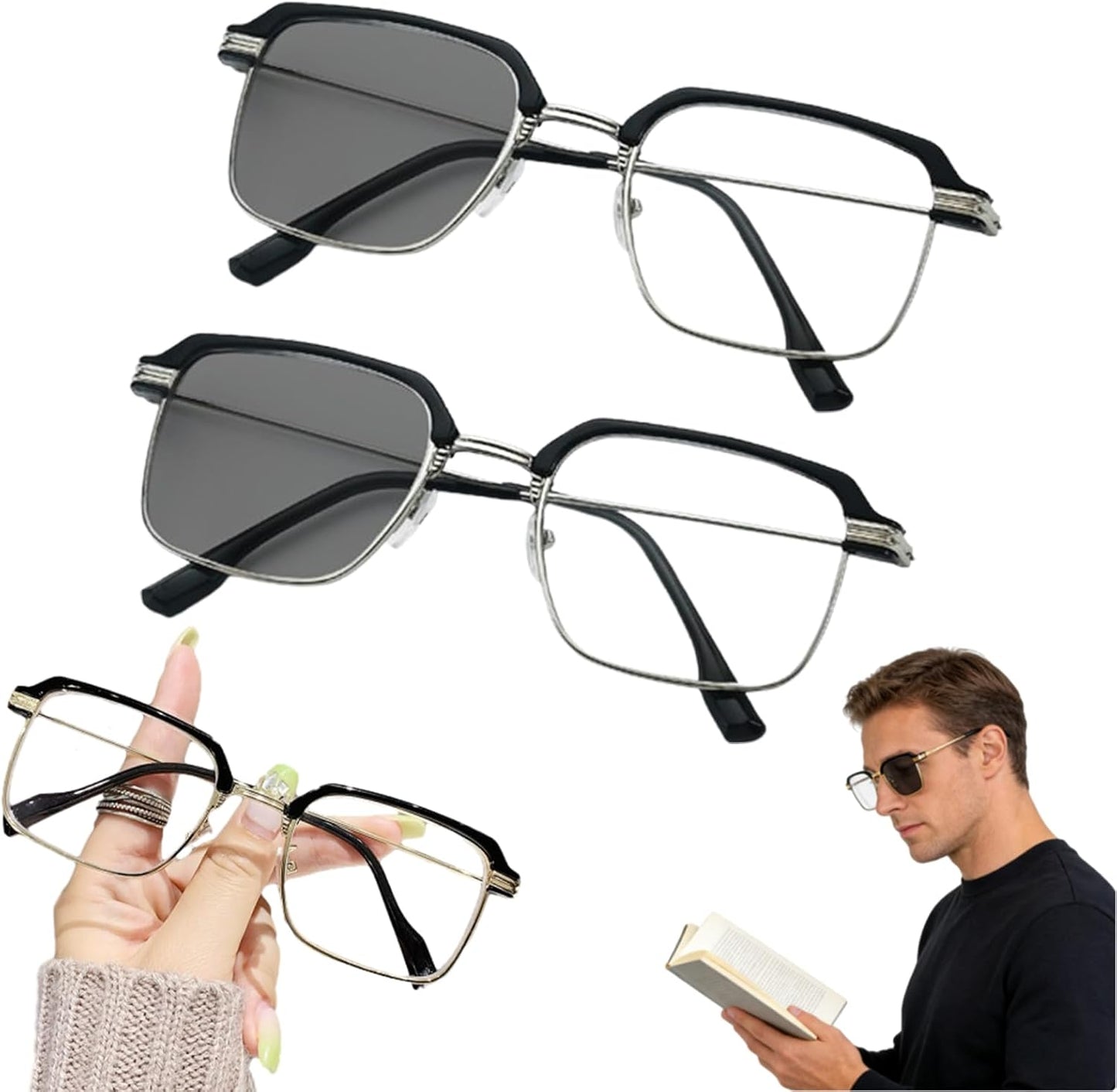 Black & Gold Semi-Rimless Crystal Clear Focus Reading Glasses
