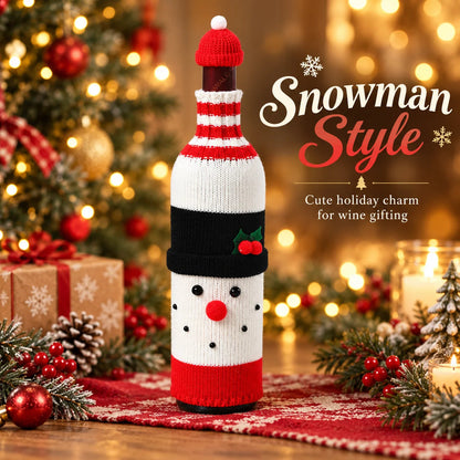 Knitted Christmas Wine Bottle Cover with Hat