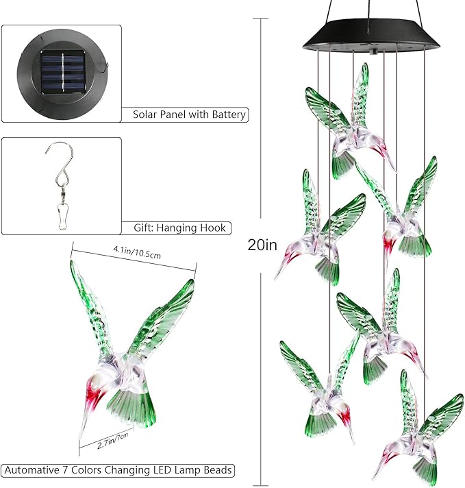 Solar LED Hummingbird Wind Chime with Metal Bells