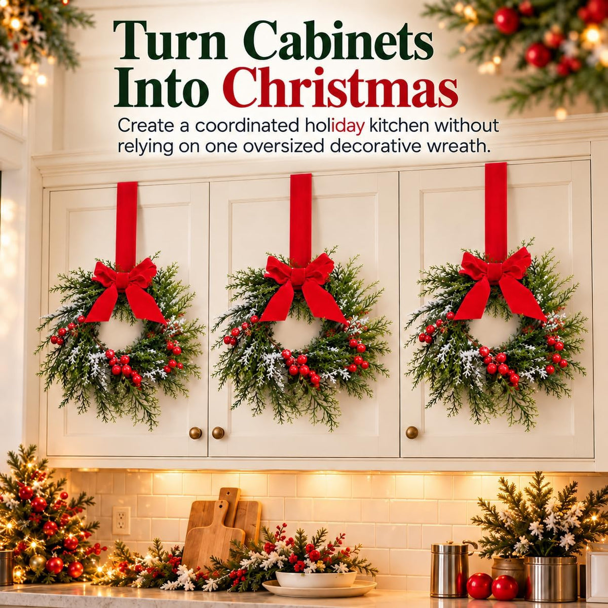 Mini Snowy Pinecone Wreaths for Cabinet Holiday Decor, 3-Pack