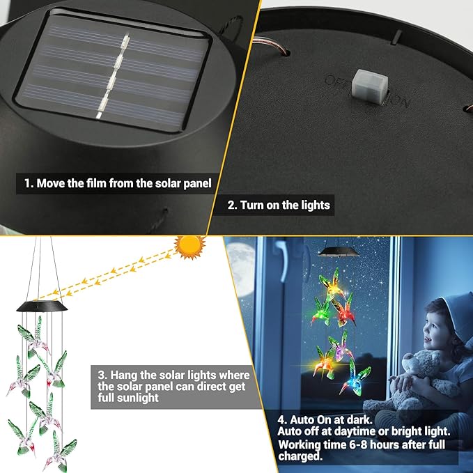 Solar LED Hummingbird Wind Chime with Metal Bells