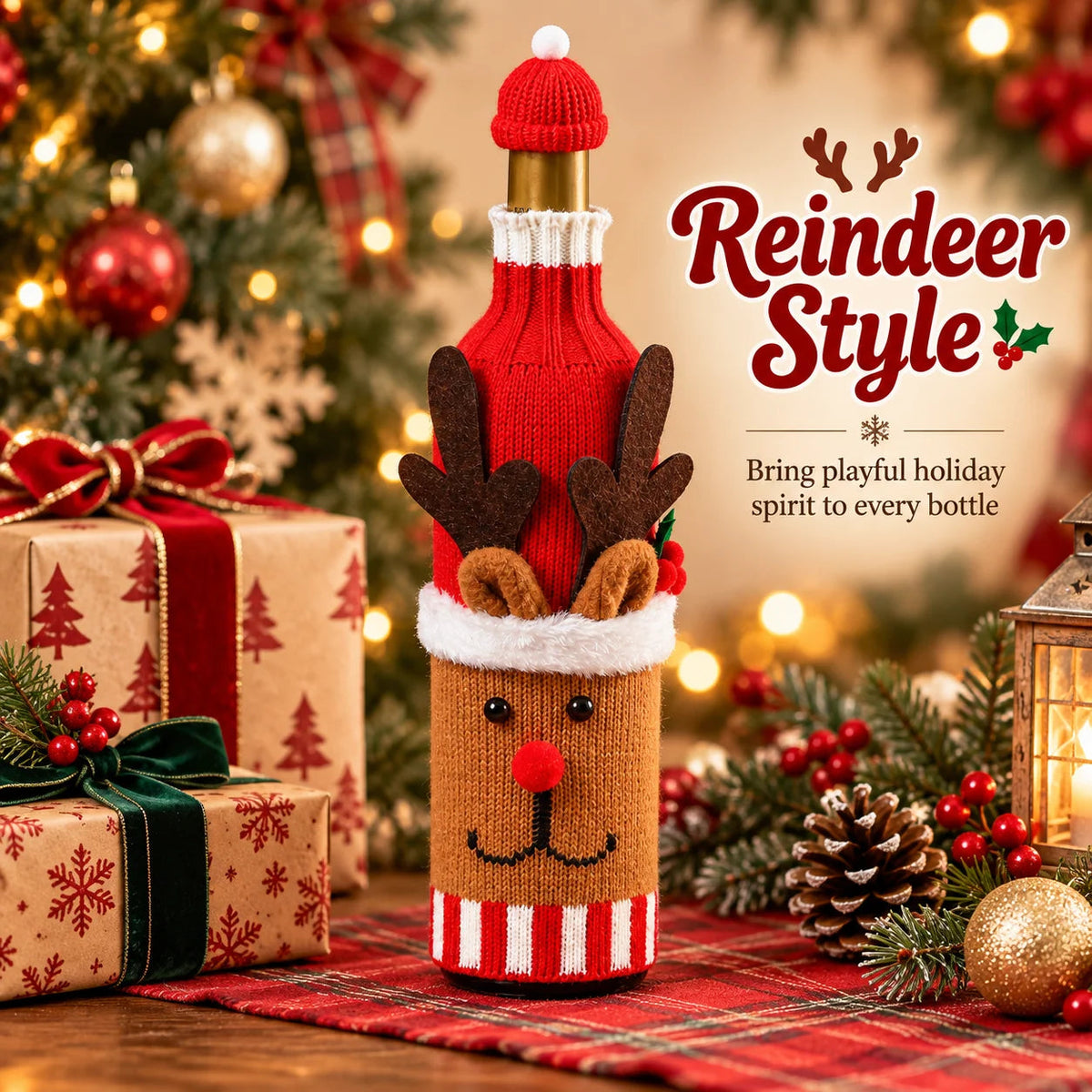 Knitted Christmas Wine Bottle Cover with Hat