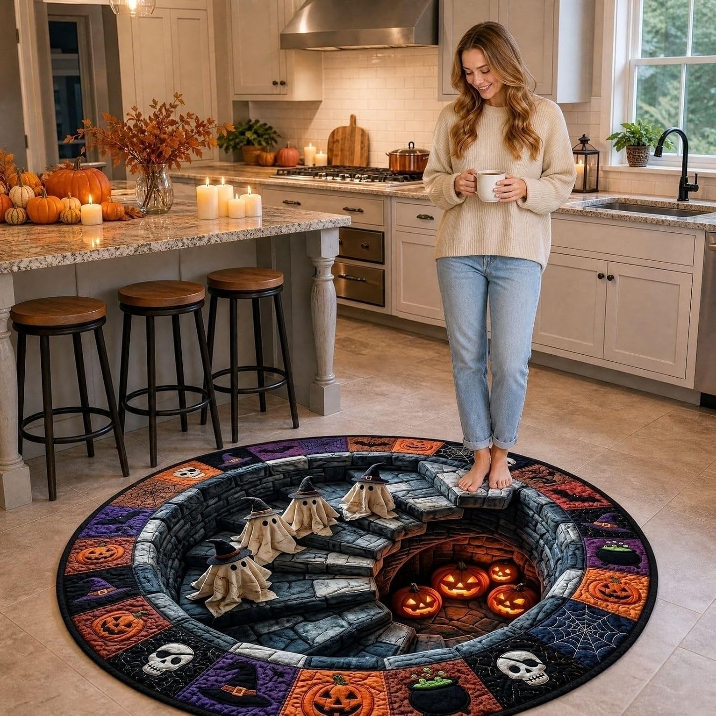 3D Haunted Stairway Round Halloween Rug