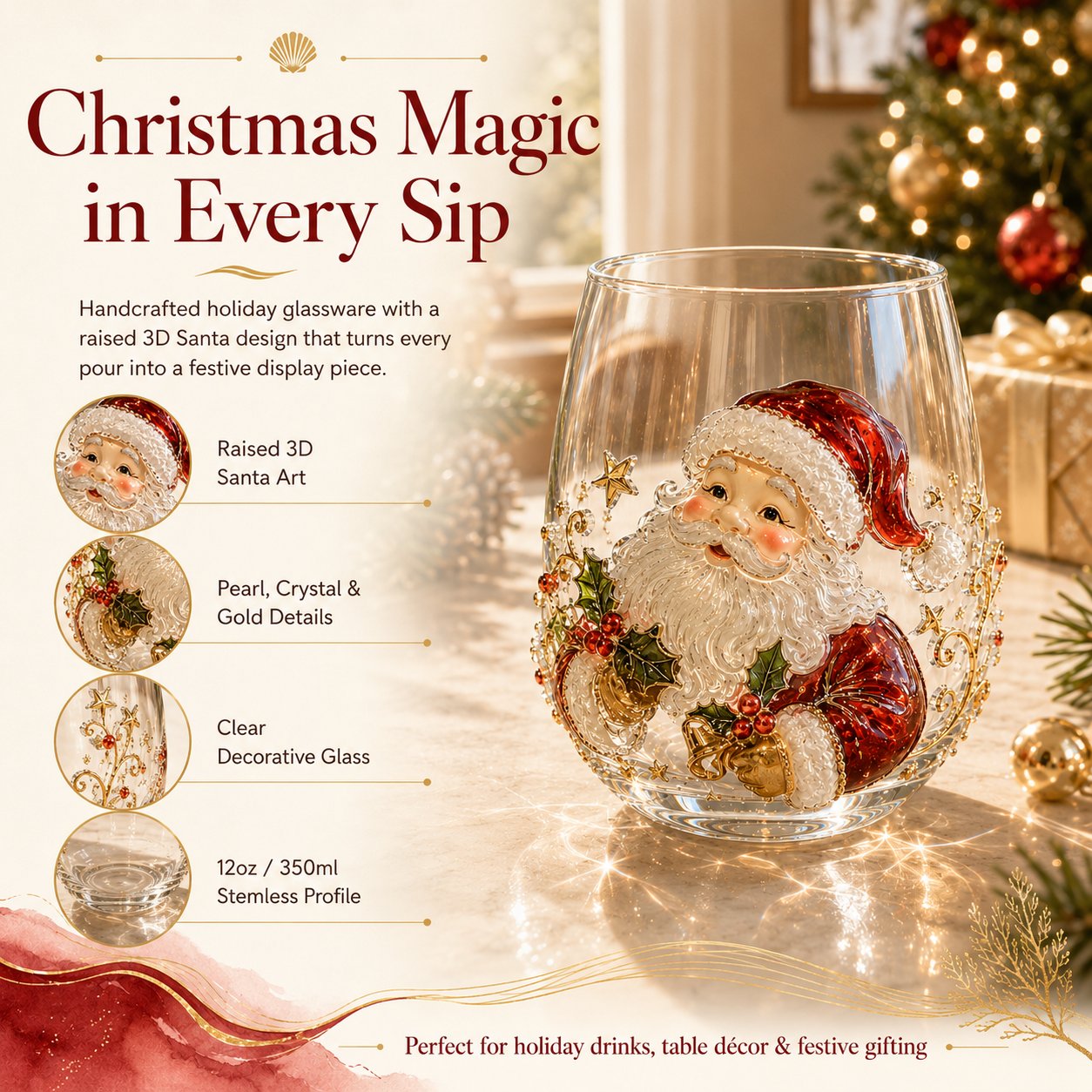 Raised 3D Christmas Art Glass Cup