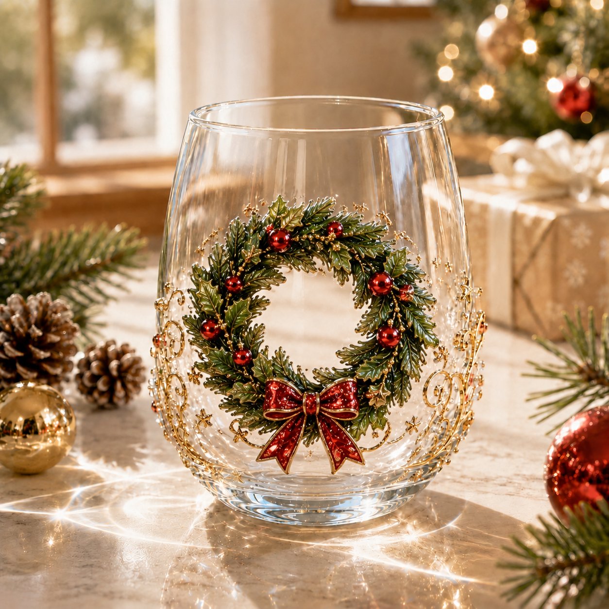 Raised 3D Christmas Art Glass Cup