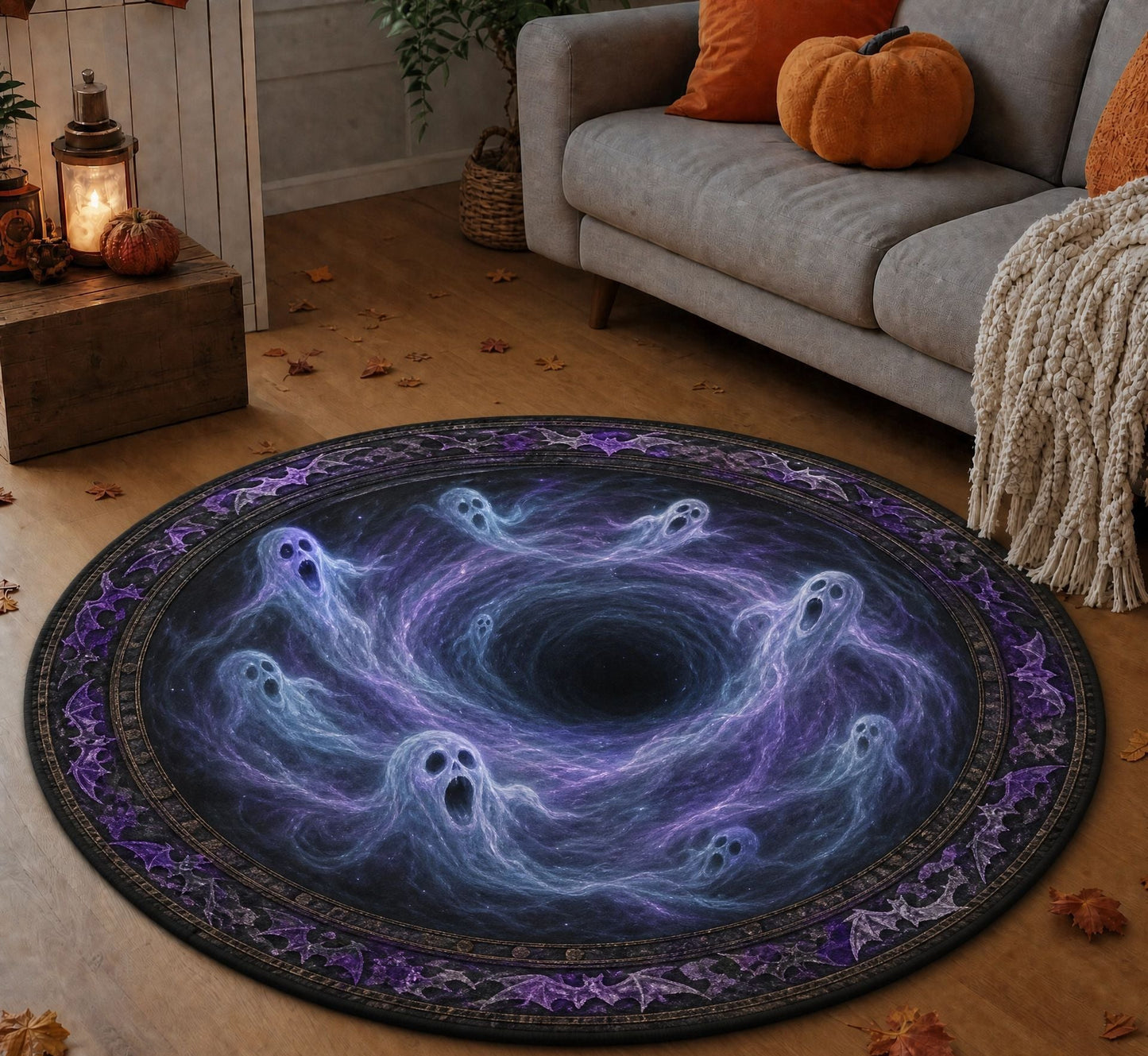 3D Haunted Stairway Round Halloween Rug