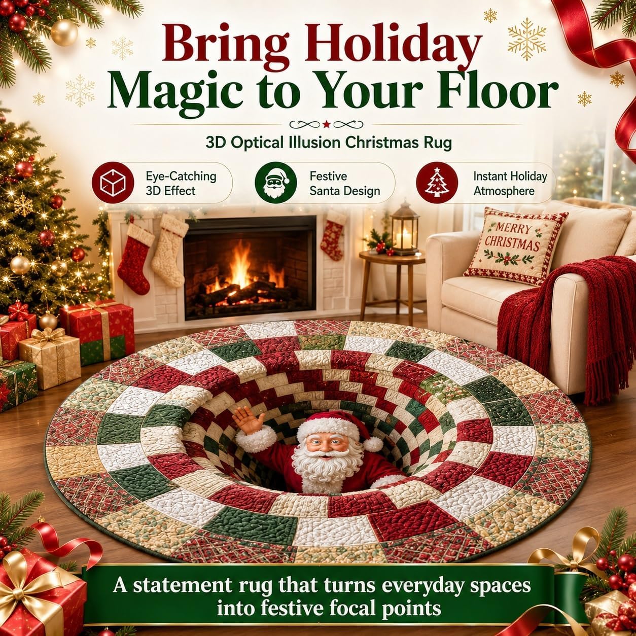 Christmas 3D Optical Illusion Round Floor Mat – 80 cm