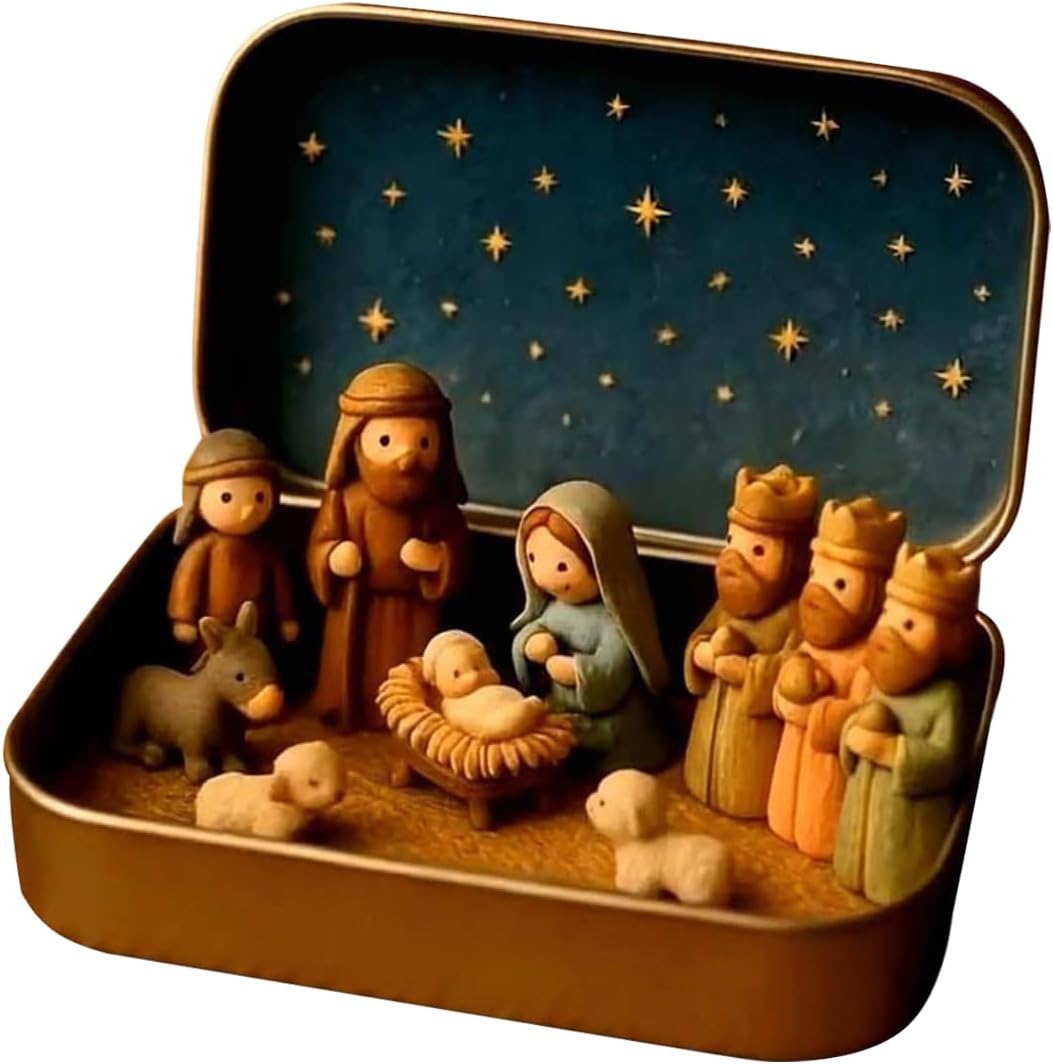 Mini Nativity Scene in a Gold Tin for Pocket-Size Christmas Display