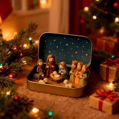 Mini Nativity Scene in a Gold Tin for Pocket-Size Christmas Display