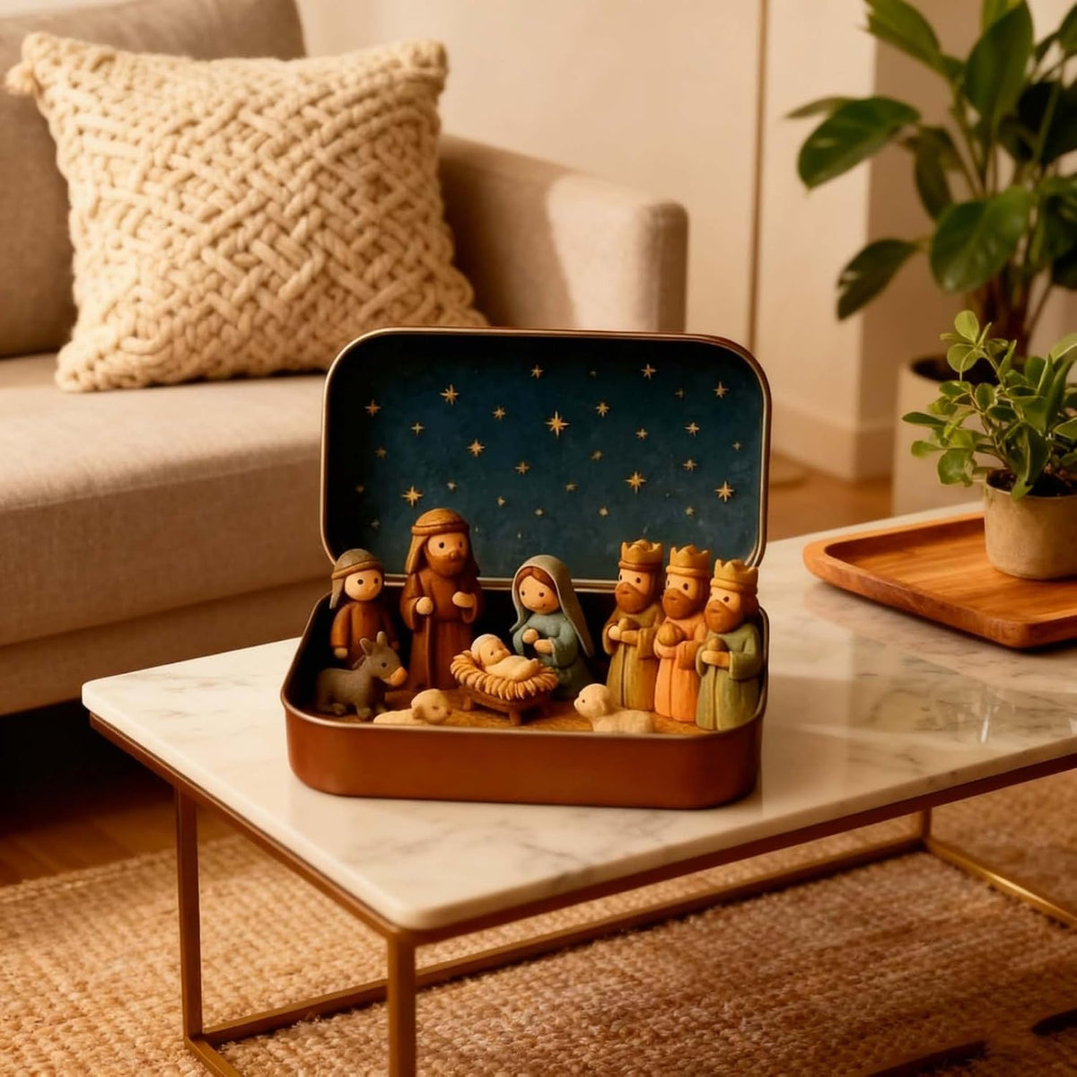 Mini Nativity Scene in a Gold Tin for Pocket-Size Christmas Display