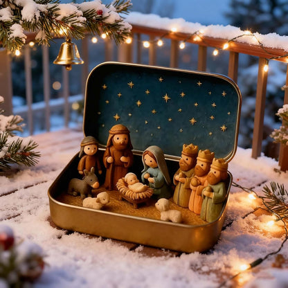 Mini Nativity Scene in a Gold Tin for Pocket-Size Christmas Display