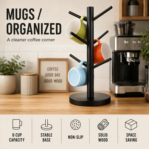 Tree-Shaped Wooden Mug Holder with Round Base