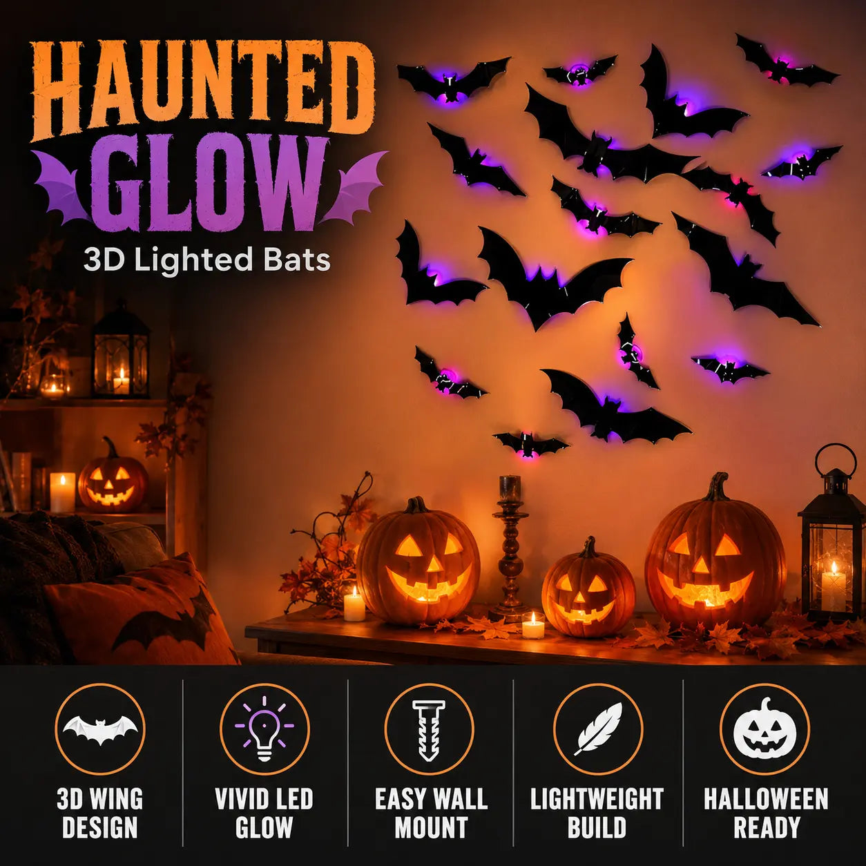Lighted 3D Flying Bat Halloween Wall Decorations