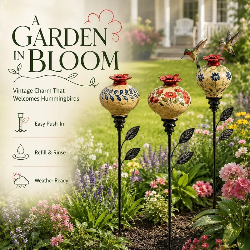 Vintage Ceramic Hummingbird Feeder Garden Stake