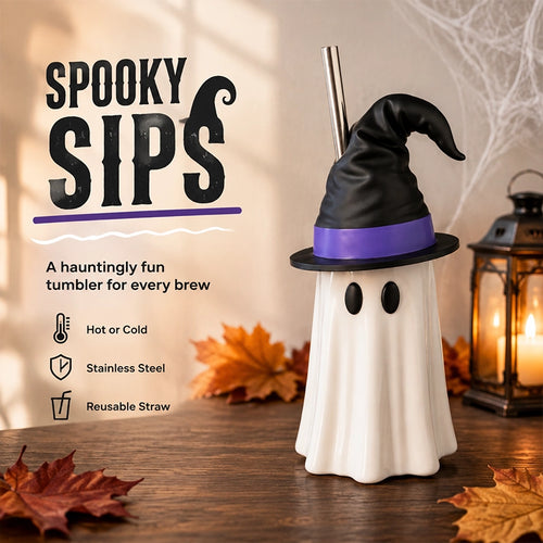 Halloween Ghost Can Holder with Witch Hat – 12 oz
