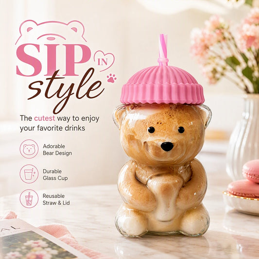 Bear-Shaped Glass Tumbler with Plush Hat