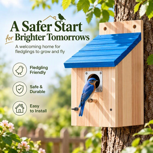 Wooden Birdhouse with Blue Roof for Garden Display