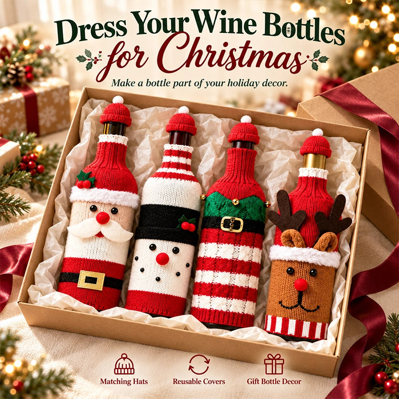 Knitted Christmas Wine Bottle Cover with Hat