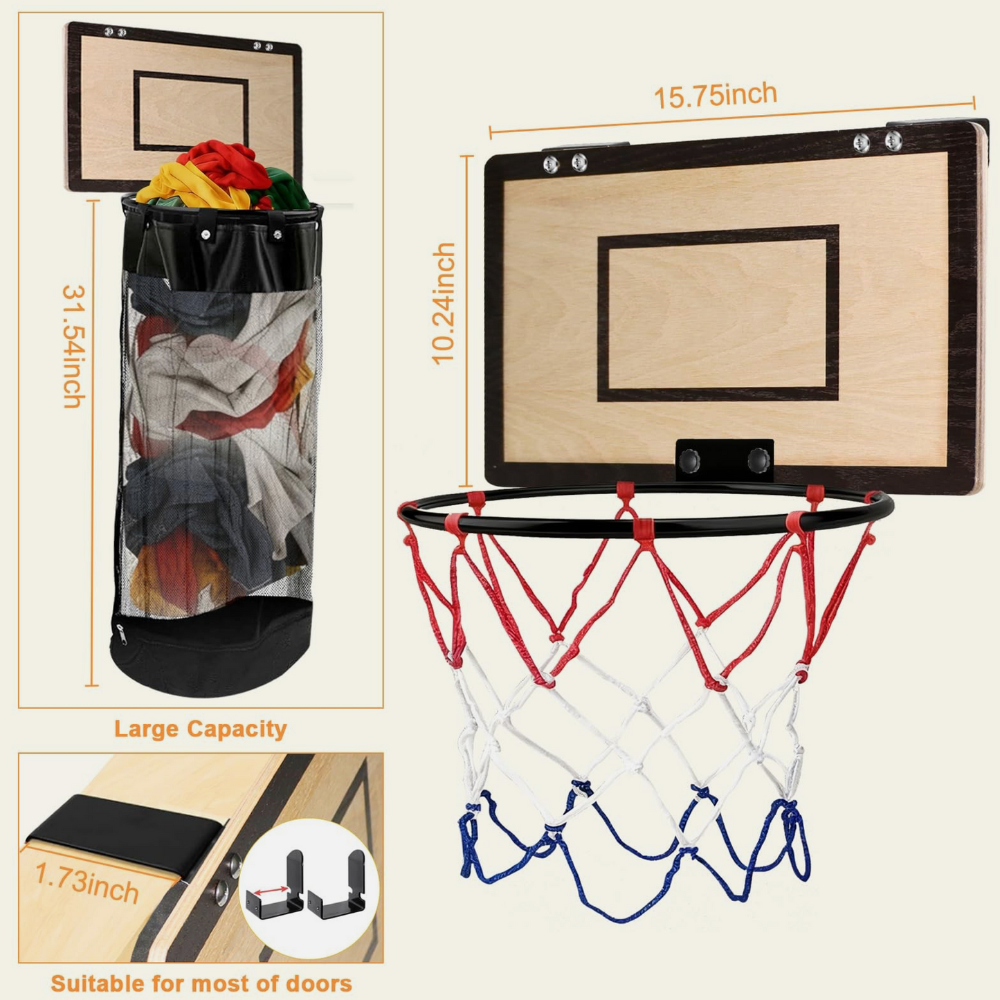 🏀 Dual-Function Hook & Loop Overdoor Laundry Hoop