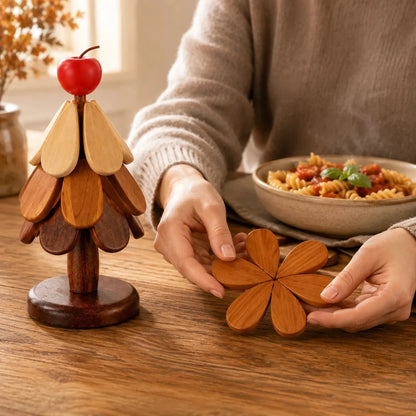 Folding Wooden Christmas Tree Trivet Set for Holiday Tables