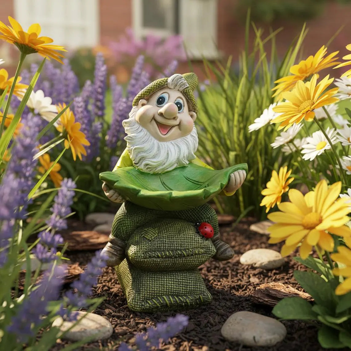Gnome Leaf Bird Feeder Garden Statue
