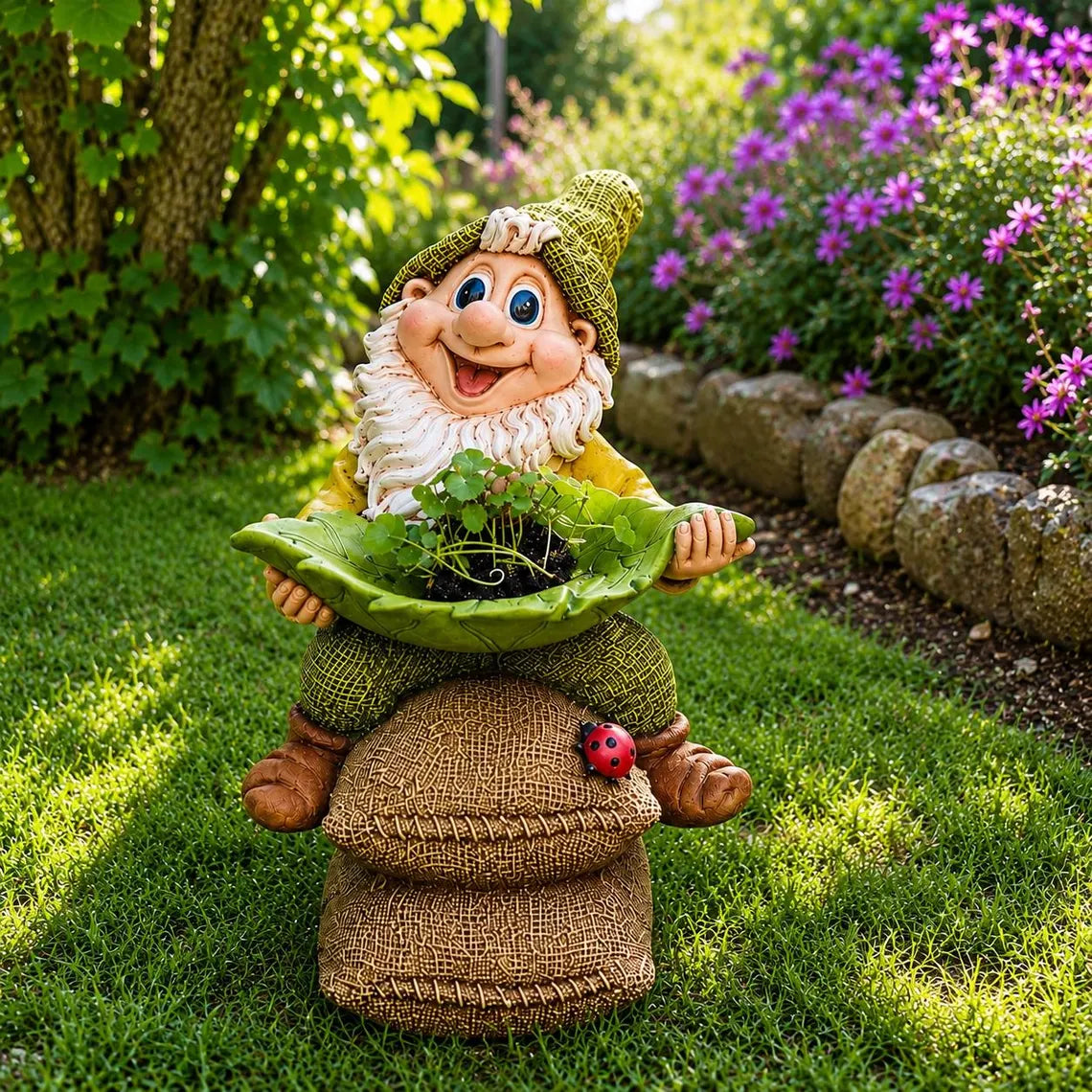 Gnome Leaf Bird Feeder Garden Statue