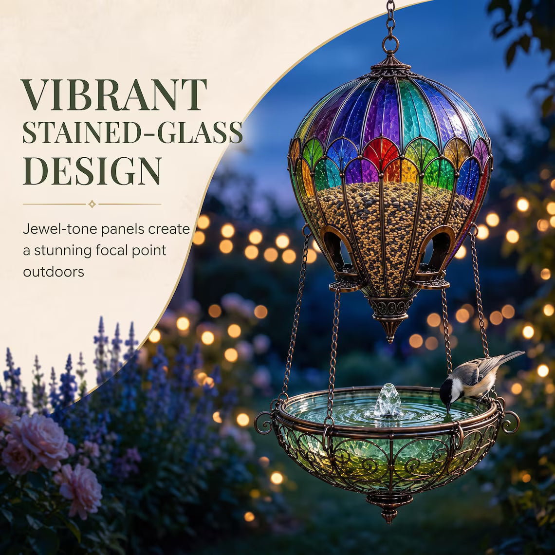 Stained Glass Hot Air Balloon Bird Feeder and Fountain