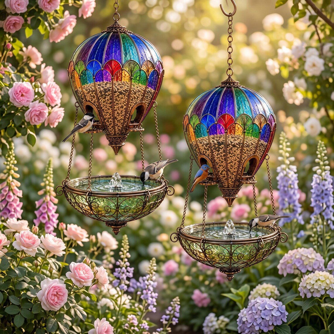 Stained Glass Hot Air Balloon Bird Feeder and Fountain