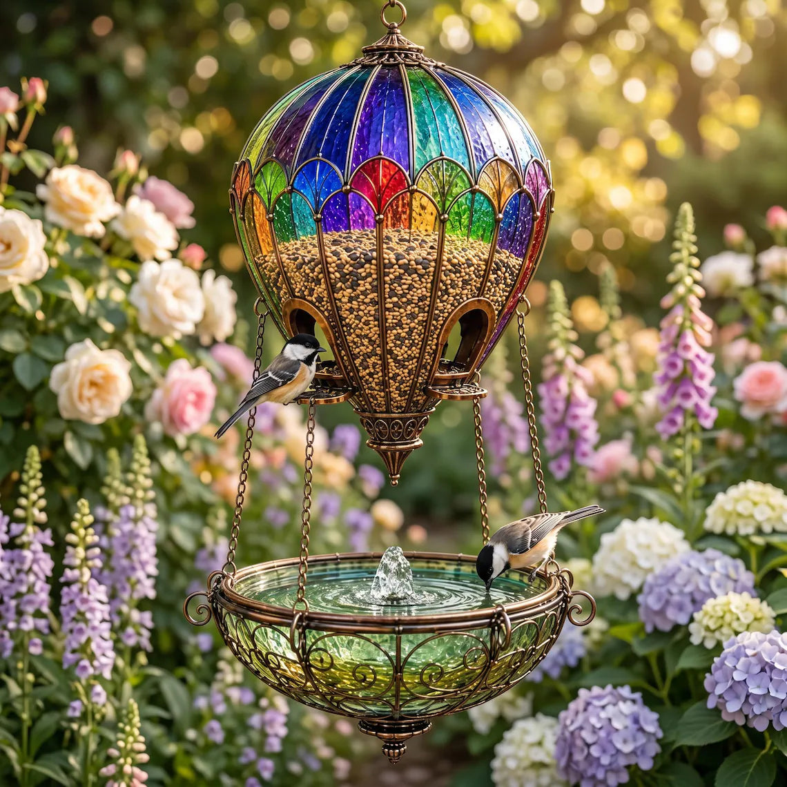Stained Glass Hot Air Balloon Bird Feeder and Fountain