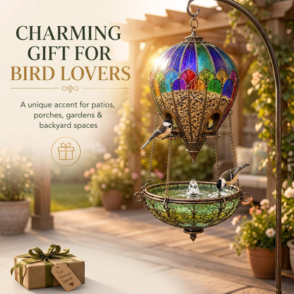 Stained Glass Hot Air Balloon Bird Feeder and Fountain