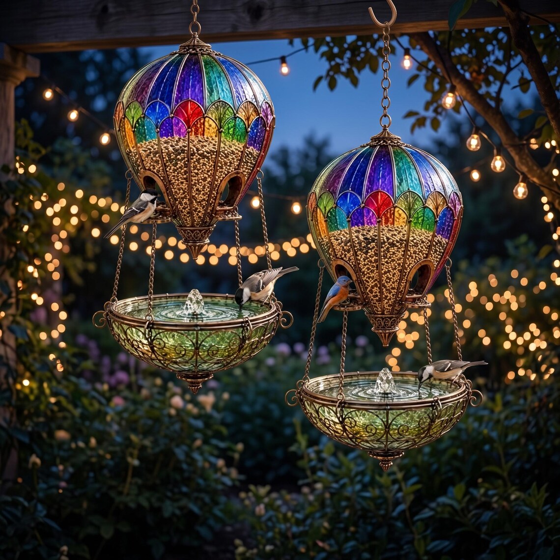 Stained Glass Hot Air Balloon Bird Feeder and Fountain