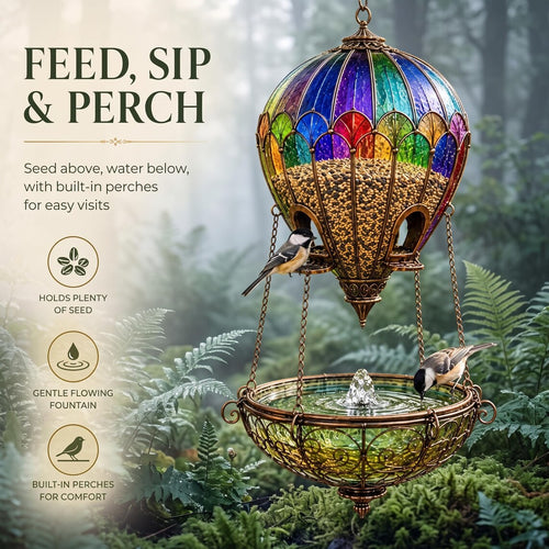 Stained Glass Hot Air Balloon Bird Feeder and Fountain