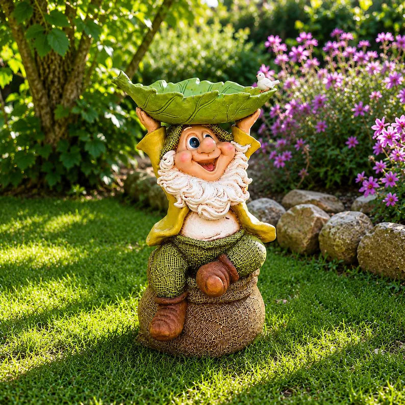 Gnome Leaf Bird Feeder Garden Statue