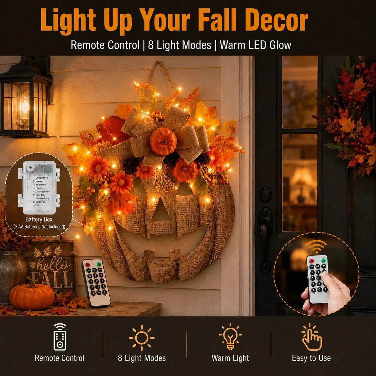🎃✨ Lighted Burlap Pumpkin Wreath
