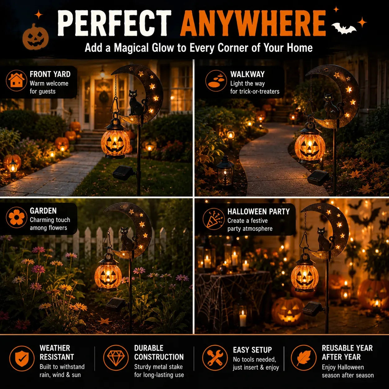 👻 Solar Halloween Garden Stake Light with Black Cat & Pumpkin