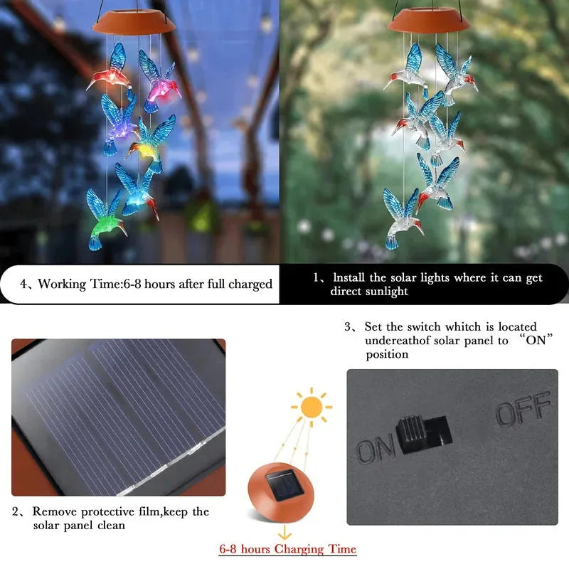 Solar LED Hummingbird Wind Chime with Metal Bells