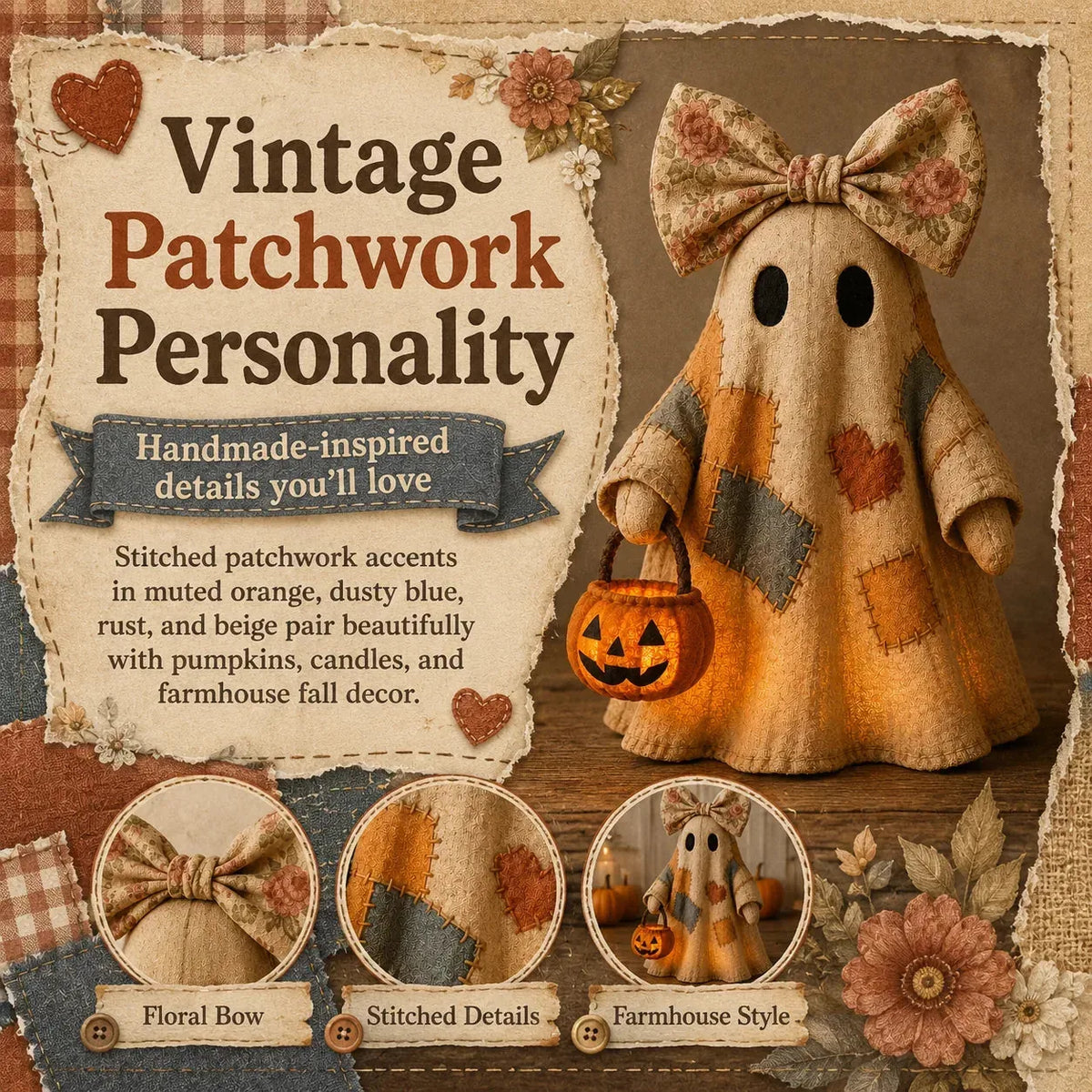 🔥 50% OFF TODAY - 👻🎃 Vintage Patchwork Ghost Decor(✨ LED Pumpkin Lantern}