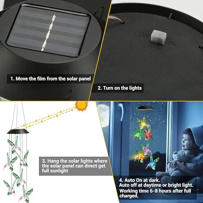 Solar LED Hummingbird Wind Chime with Metal Bells